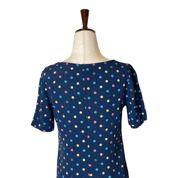 J. Jill Navy Blue Multi Color Polka Dot Rayon Short Sleeve Shift Dress Size 2 - Picture 4 of 8